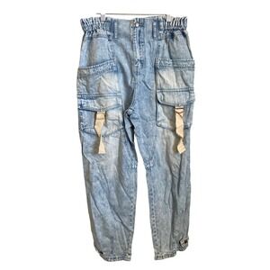 Oli & Hali Acid Wash Cargo Pants Light Blue Paperbag Waist JP0258 Large